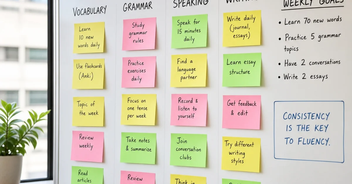 A learner planning an English study schedule in a planner